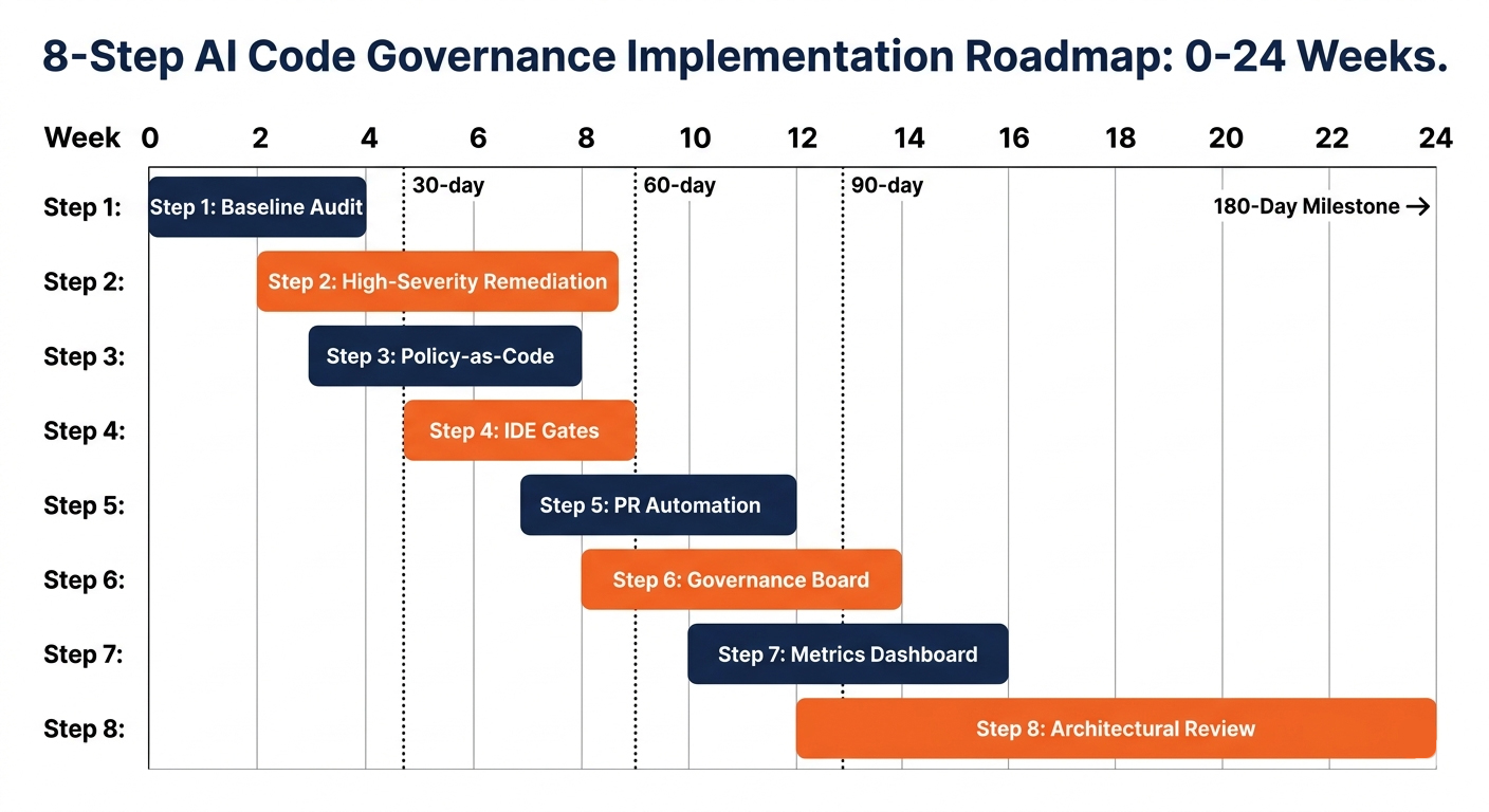 8-Step AI Code Governance Implementation Roadmap: 0-24 Weeks